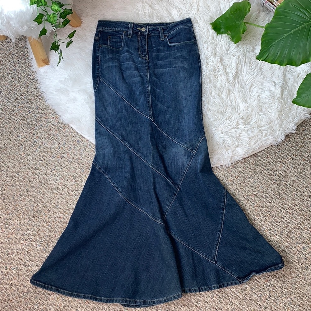 Bebe Bedazzled Mermaid Denim Maxi Skirt